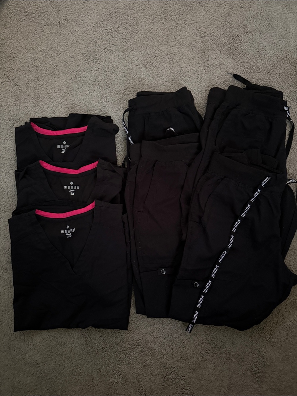 Medcouture Women’s Black Scrub Sets - sale includes 3 tops and 4 bottoms